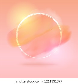 Abstract pink background with brush strokes. Vector illustration with watercolor spots and round thin frame. Vector template for web, print design, banner, card, poster.