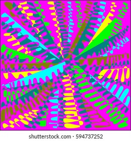 Abstract pink background with colored pink and yellow, blue and green lines with flushed paint aspire to the center of the picture