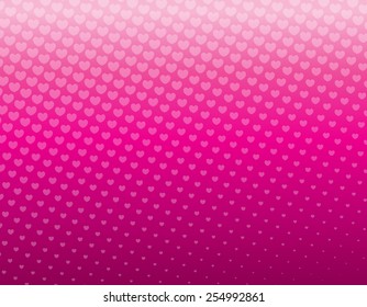 Abstract pink background covered in heart shapes of gradually varying size, larger at the top and smaller below. 