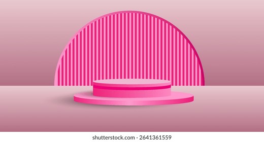 Abstract pink background with cylindrical podium for displaying products, 3D red and pink cylindrical pedestal with curved background and cave wall,