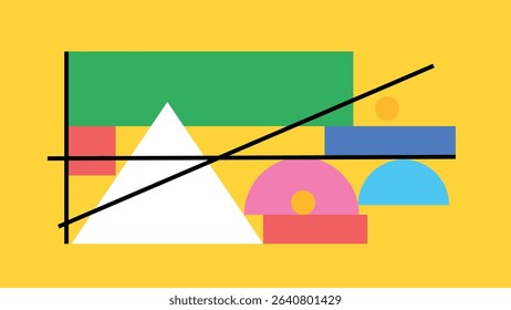 Abstract pink background featuring intersecting black lines, colorful triangles, circles, and rectangles in a flat Bauhaus-inspired layout.
