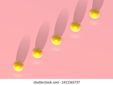Abstract pink background with golden ball jumping in unusual perspective or from top view