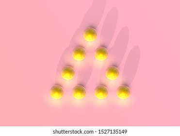 Abstract pink background with golden balls triangle in unusual perspective or from top view