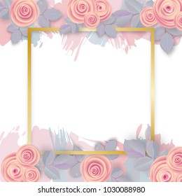 Abstract pink background with golden frame and roses