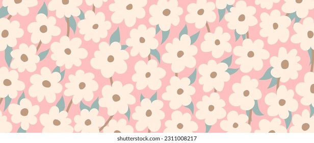 Abstract pink background with hand drawn flowers pattern. Botanical banner for decor, print, wallpaper, textile, interior design.