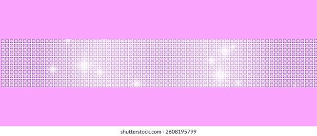Abstract pink background with horizontal band of square grid elements and glowing light effects. Retro digital style texture with gradient. Vector illustration for design or decoration use