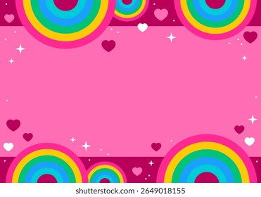 Abstract pink background with little stars and rainbow, hearts. Decoration banner themed Lol surprise doll girlish style. Invitation card template