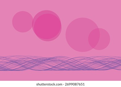 Abstract pink background with overlapping circles and a vibrant purple wavy line pattern.