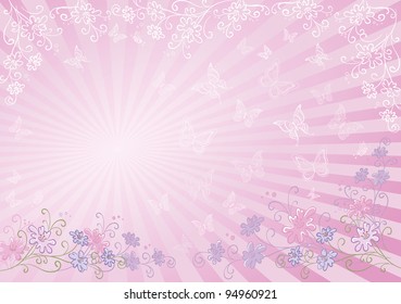 Abstract pink background with a symbolical flowers, butterflies and rays. Vector