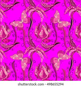 Abstract pink background with a symbolical outline flowers and leaves and butterflies. Vector