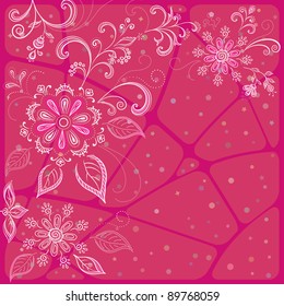 Abstract pink background with a symbolical outline flowers and leaves. Vector