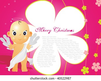 abstract pink background with white bloom and cute cartoon