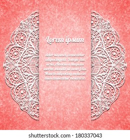 Abstract pink background with white lacy mandala pattern. Vector illustration.
