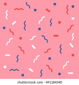 Abstract pink background with zigzags and squares. Vector seamless pattern with geometric figures. Hipster fill. Color image. Holiday composition. Multipurpose backdrop. blank for holidays, banners