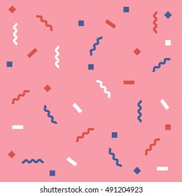 Abstract pink background with zigzags and squares. Vector seamless pattern with geometric figures. Hipster fill. Color image. Holiday composition. Multipurpose backdrop. blank for holidays, banners