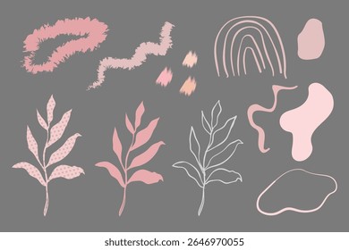 Abstract pink and beige shapes and leaves on a gray background. Pink leaves and abstract shapes create a soft, artistic design. Pink and beige accents. Doodle illustrations, vector set.