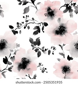 Abstract pink and black flowers blooming design. Pattern watercolor floral seamless. Grunge textured abstract art vector with flower and plants in watercolor style.