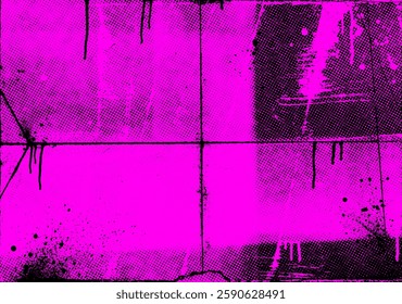 Abstract pink and black grunge punk poster background with halftone texture, ink drips and paint splashes. Hand drawn vector folded paper texture. Rough urban street art design. Grunge graffiti effect