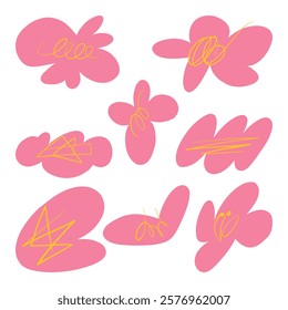 Abstract Pink Blob Icon Yellow Line Accents. A playful collection of abstract pink blob shapes accented with dynamic yellow lines, perfect for creative and modern design projects