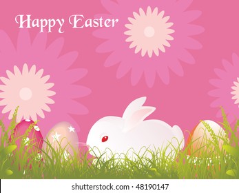 abstract pink blossom background with rabbit in garden, easter egg