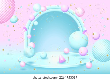 Abstract pink and blue background with gradient transition. flying geometric shapes 3d, sphere, triangle, pyramid, podium, golden circle and dot. Design template for product presentation, advertising,