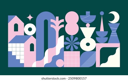 Abstract pink and blue geometric composition with architectural elements, ceramics, pottery