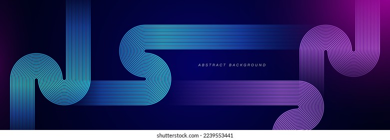 Abstract pink and blue glowing line pattern on dark blue background with purple light. Geometric stripe line art design. Modern wide banner design. Futuristic concept. Vector illustration