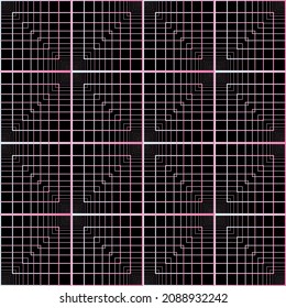 Abstract pink and blue stacked square frame spirograph shapes seamless technology pattern on the black background. Vector illustration. Wrapping paper.
