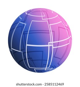 Abstract Pink and Blue Translucent Patterned Lit Globe Clipart Design with Intersecting White Squares, Grid of Overlapping Rectangular Outlines - Vector Template Isolated on White Background