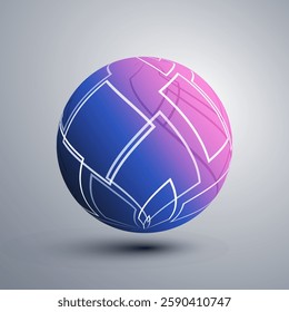 Abstract Pink and Blue Translucent Patterned Lit Globe Design with Intersecting White Squares, Grid of Overlapping Rectangular Outlines on a Gray Gradient Background