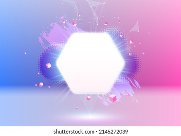 Abstract pink and blue vaporwave styled background with shiny neon frame, brush stroke, halftone blot and triangular dotted grid.