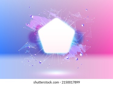 Abstract pink and blue vaporwave styled background with shiny neon frame, brush stroke, halftone blot and triangular dotted grid.