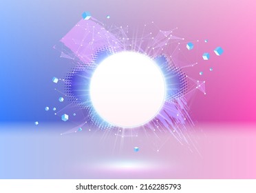 Abstract pink and blue vaporwave styled background with shiny neon frame, brush stroke, halftone blot and triangular dotted grid.