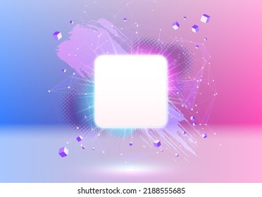 Abstract pink and blue vaporwave styled background with shiny neon frame, brush stroke, halftone blot and  triangular dotted grid