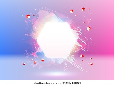 Abstract pink and blue vaporwave styled background with shiny neon frame, brush stroke, halftone blot and triangular dotted grid.