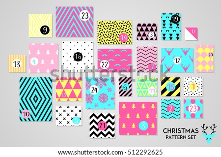 Abstract pink, blue and yellow colored twenty four various seamless patterns set. Count down till christmas collection. Advent calendar. Vector