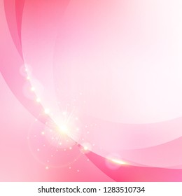 Abstract pink blurred bokeh background with gold shining glittering light elements. Valentines day and wedding card. Vector illustration