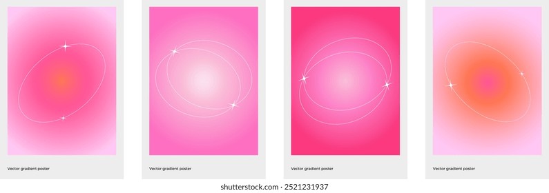 Abstract pink blurred gradient cover template design set for poster, brochure, home decor, presentation. Cute and minimal style. Posters with geometric shapes and stars. Smooth circular gradient	
