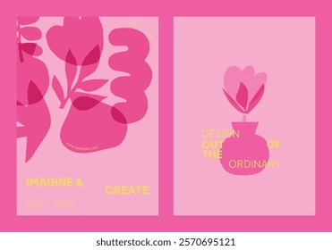 Abstract pink botanical vector poster template set. Floral patterns with leaves and flowers. Creative art gallery theme with pink. Creative floral and botanical art. Pink botanical vector posters.