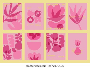 Abstract pink botanical vector poster template set. Floral patterns with leaves and flowers. Creative art gallery theme with pink. Creative floral and botanical art. Pink botanical vector posters.