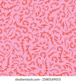 Abstract, pink botany seamless repeat pattern. Random placed, vector abstract herbs, grass, leaves aop, all over print.