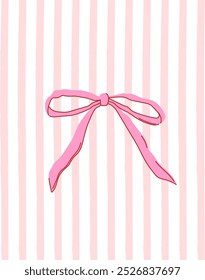 Abstract pink bow knot retro poster. Coquette aesthetic pink ribbon bow on striped white pink background. Trendy gallery wall arts with bow. Vector for wall decor, postcard, room Decor, t shirt etc.