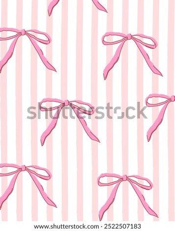 Abstract pink bow knot retro poster. Coquette aesthetic pink ribbon bow on striped white pink background. Trendy gallery wall arts with bow. Vector for wall decor, postcard, room Decor, t shirt etc.