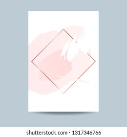 Abstract pink brush background with geometric frame rose gold color on white paper