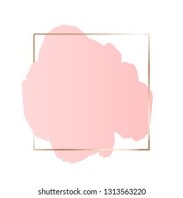 Abstract pink brush background with square geometric frame golden color