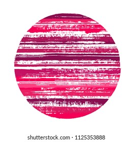 Abstract pink cherry circle vector geometric shape with striped texture of ink horizontal lines. Disk banner with old paint texture. Stamp round shape logotype circle with grunge background of stripes