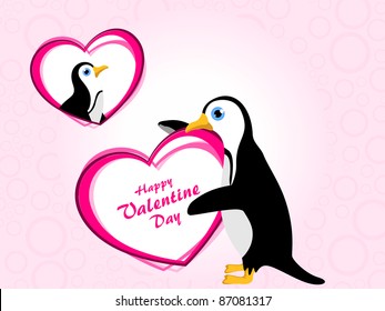 abstract pink circle background with penguin holding romantic heart