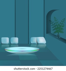 Abstract pink color gradient studio background for product presentation. Empty room with shadows of window and flowers and palm leaves . 3d room with copy space. Summer concert. Blurred backdrop