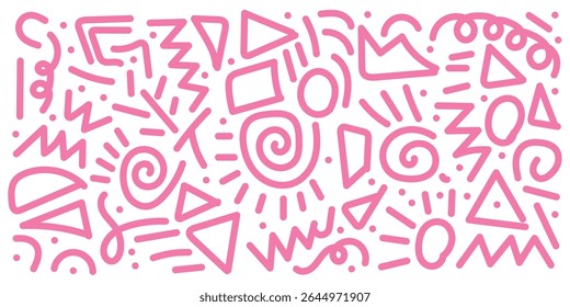 Abstract pink color line doodle seamless pattern set. Creative fun squiggle style drawing background collection with basic shape symbol. Simple geometric scribble wallpaper print in eps 10.