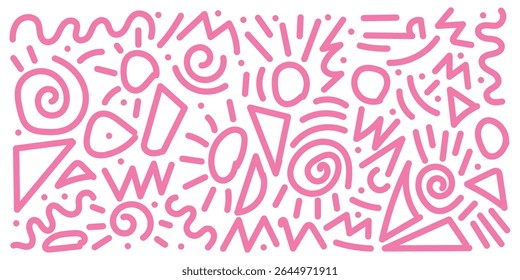Abstract pink color line doodle seamless pattern set. Creative fun squiggle style drawing background collection with basic shape symbol. Simple geometric scribble wallpaper print in eps 10.